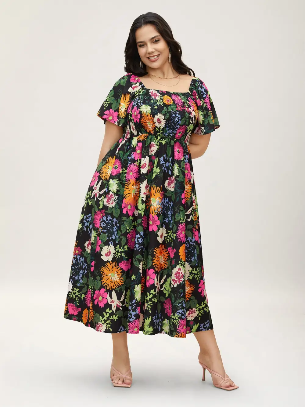 Floral Shirred Square Neck Pocket Midi Dress