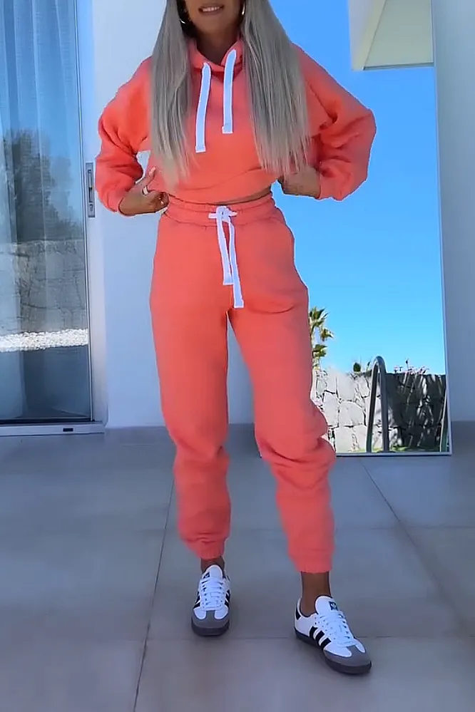 Women's solid color round neck top and pants two-piece set