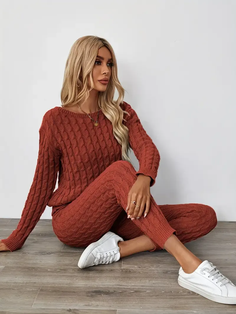 Solid Knitted Matching Two-piece Set, Casual Long Sleeve Sweater & Pants Outfits, Women's Clothing