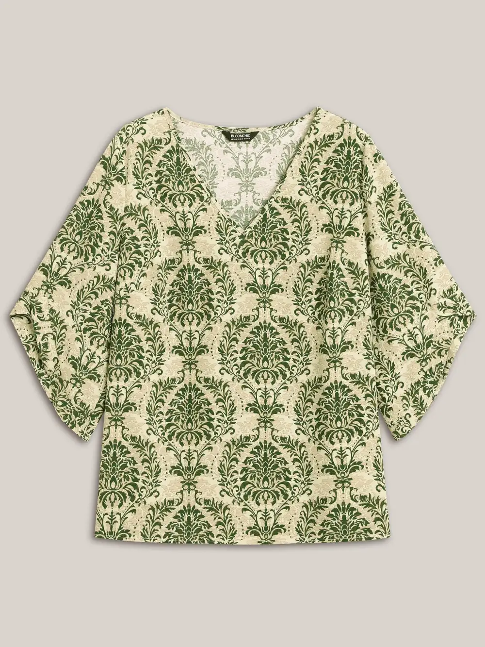 Damask Print Flared Sleeve V-Neck Shirt