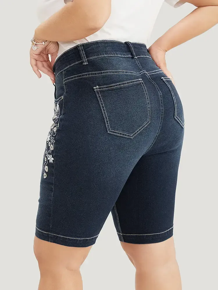Very Stretchy High Rise Dark Wash Floral Embroidered Denim Shorts