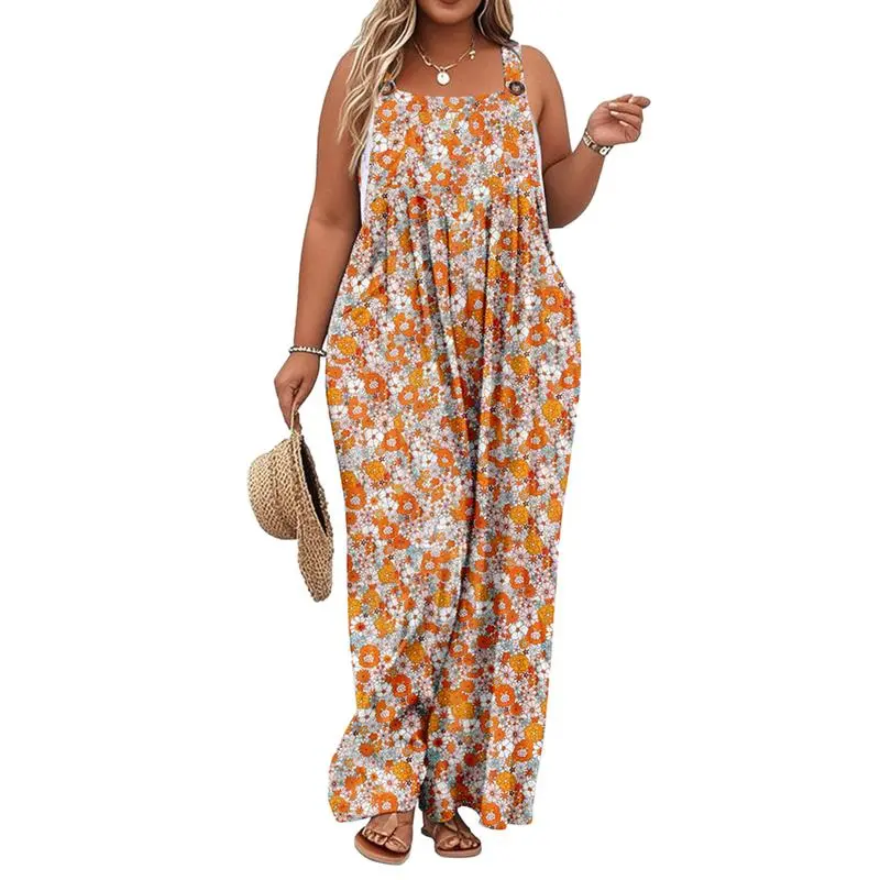 Plus Size Wide-Leg Jumpsuit with Pockets – Adjustable & Casual Fit for Summer