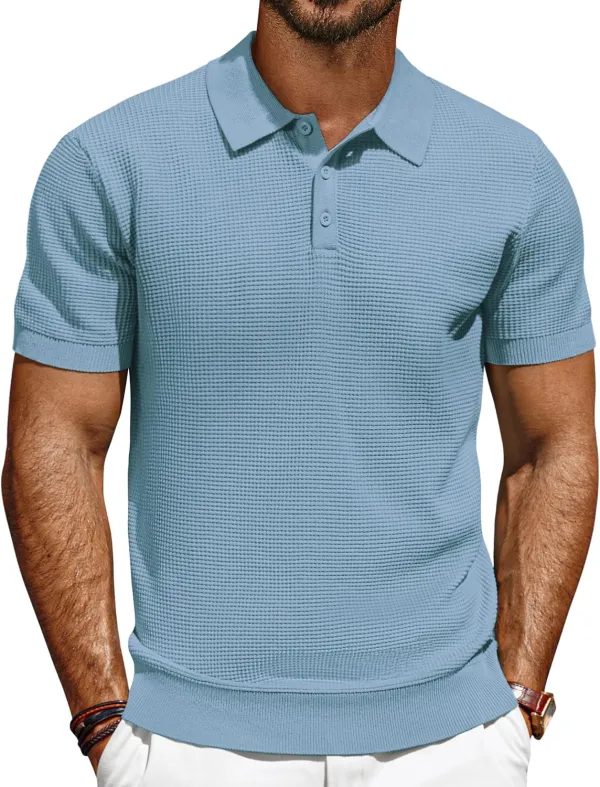 Knit Polo Shirts for Men Casual Short Sleeve Waffle Texture Polo Golf Shirt