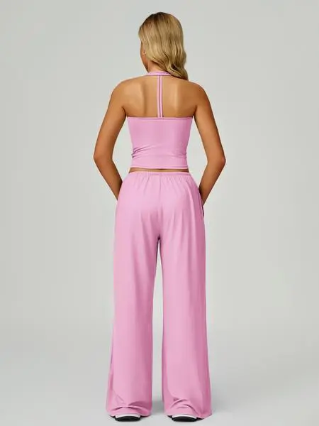 Women's Solid Crop Tank Top & Wide Leg Pants Set, Casual V Neck Sleeveless Top & Trousers