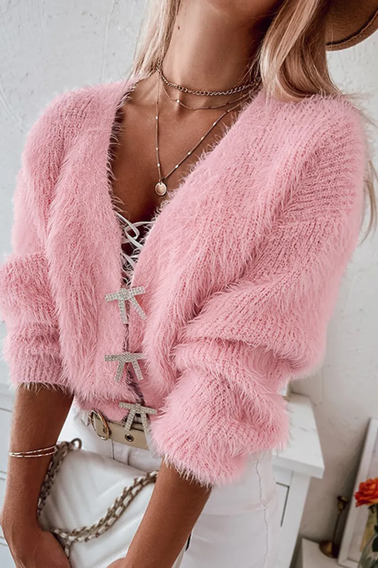 Fuzzy Bowknot Pattern Knit Cardigan