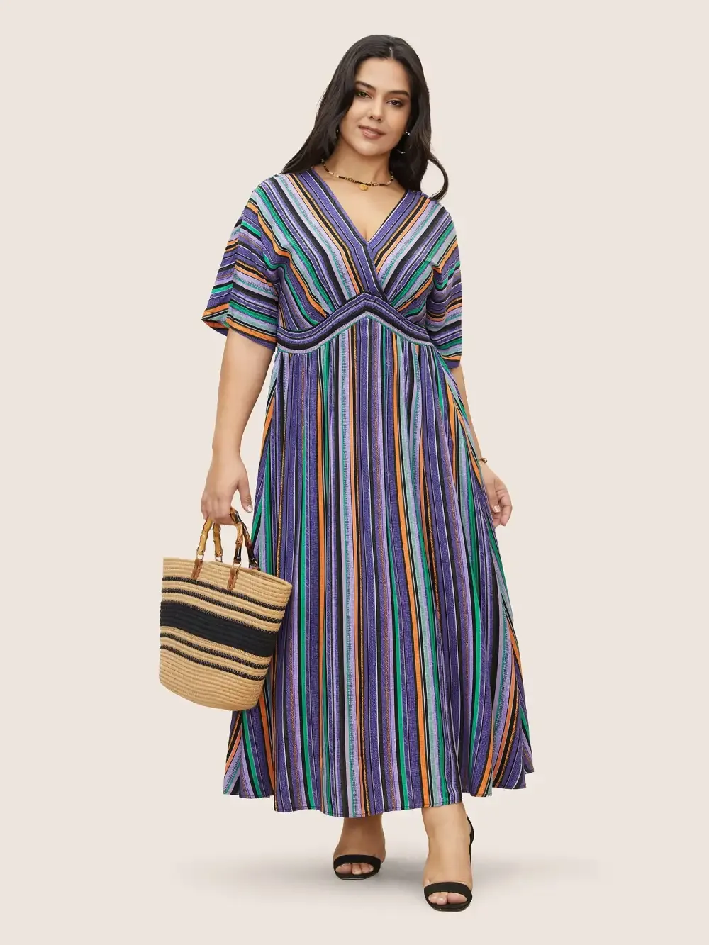 Striped Contrast Dolman Sleeve Shirred Pocket Split Flutter Dress