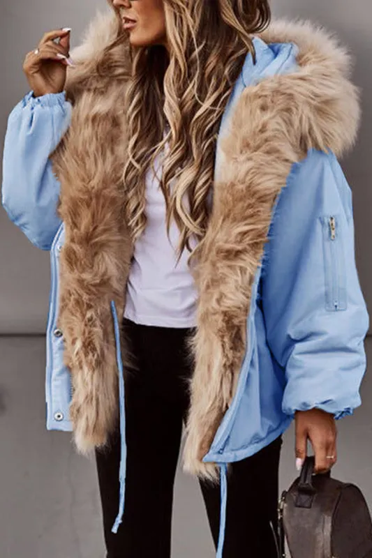 New Women’s Short Puffy Canvas Jacket with Faux Fur Trimmed Hood