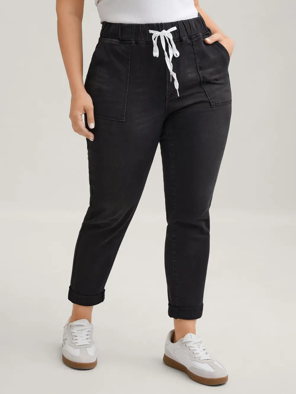 Drawstring Elastic Waist Roll Hem Jeans