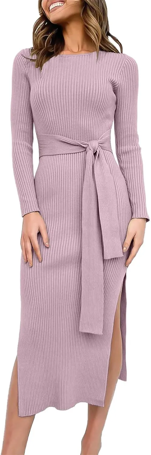 Long Sleeve Sweater Dress Crew Neck Slim Fit Slit Tie Waist 2024 Ribbed Knit Bodycon Midi Dress Fall Outfits