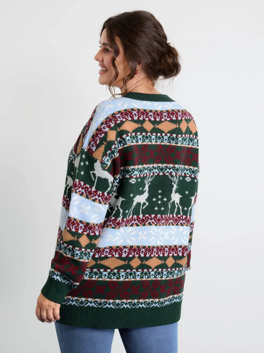 Elk Christmas Print Jacquard Ribbed Hem Pullover