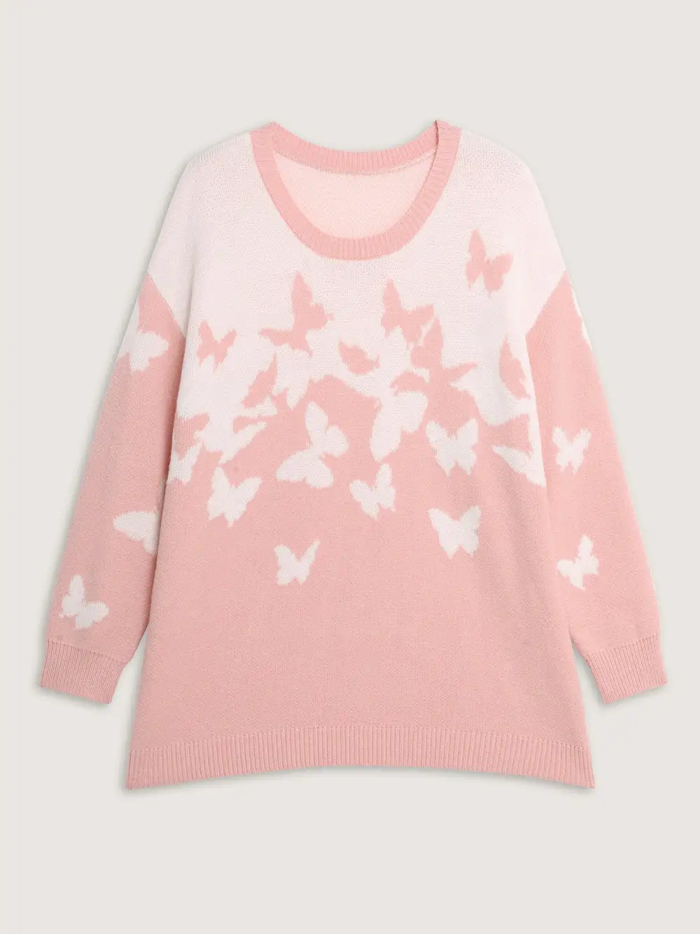 Butterfly Jacquard Pattern Ribbed Hem Pullover