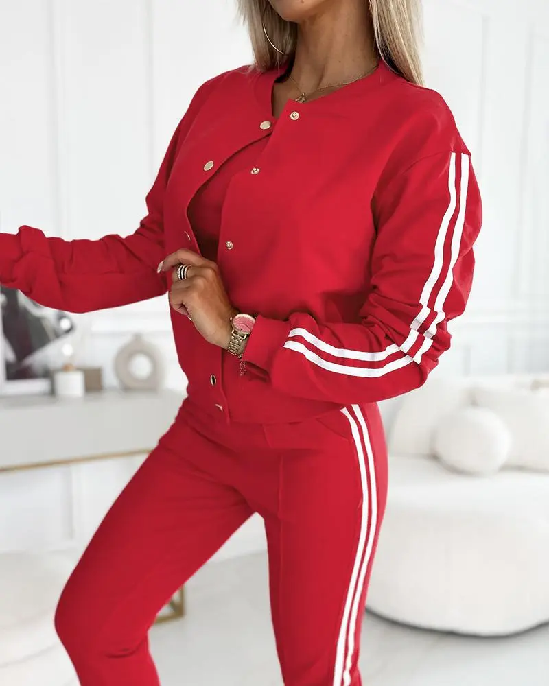 3 Piece Outfits Matching Sets Striped Tape Patch Tank Tops Button Front Jacket Cuffed Pants with Pockets Tracksuit