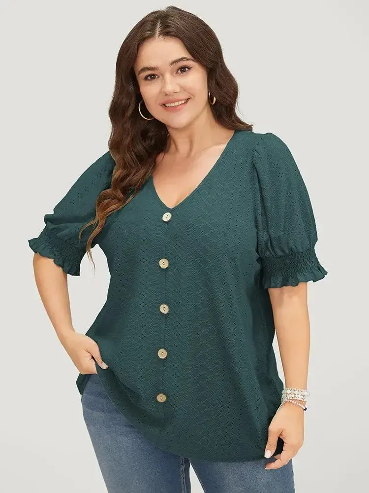 Plain Broderie Anglaise Shirred Puff Sleeve Button Detail T-shirt