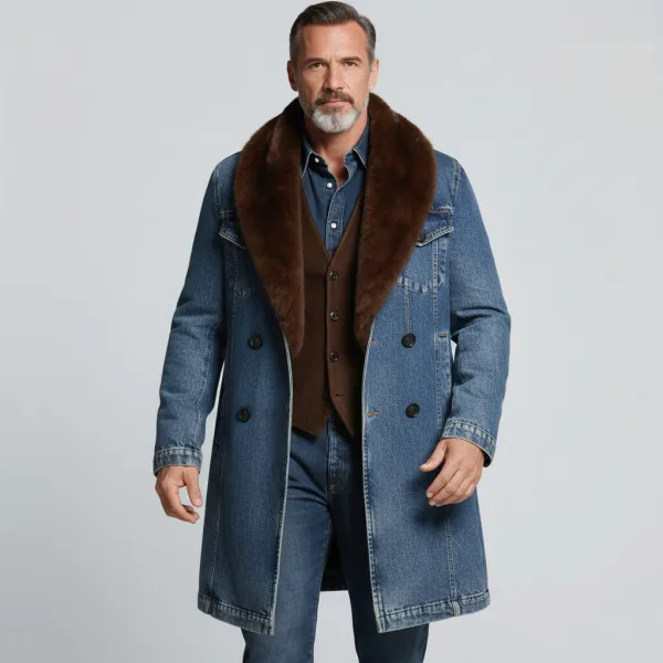 Men's Blue Furry Collar Double Breasted Long Sleeve Denim Overcoat