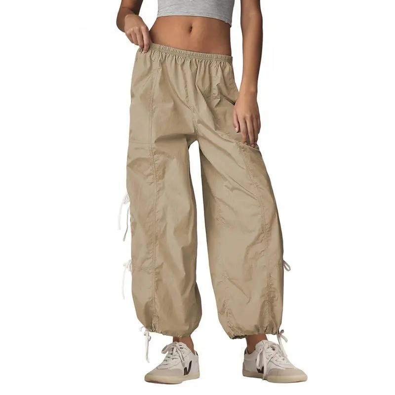 Women's Parachute Cargo Pants – High Waist, Elastic Drawstring Hiking Trousers with Pockets