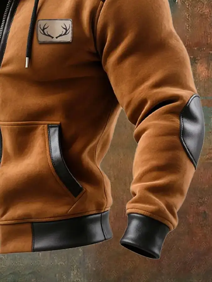 Men's Vintage Suede and Leather Hooded Warm Jacket