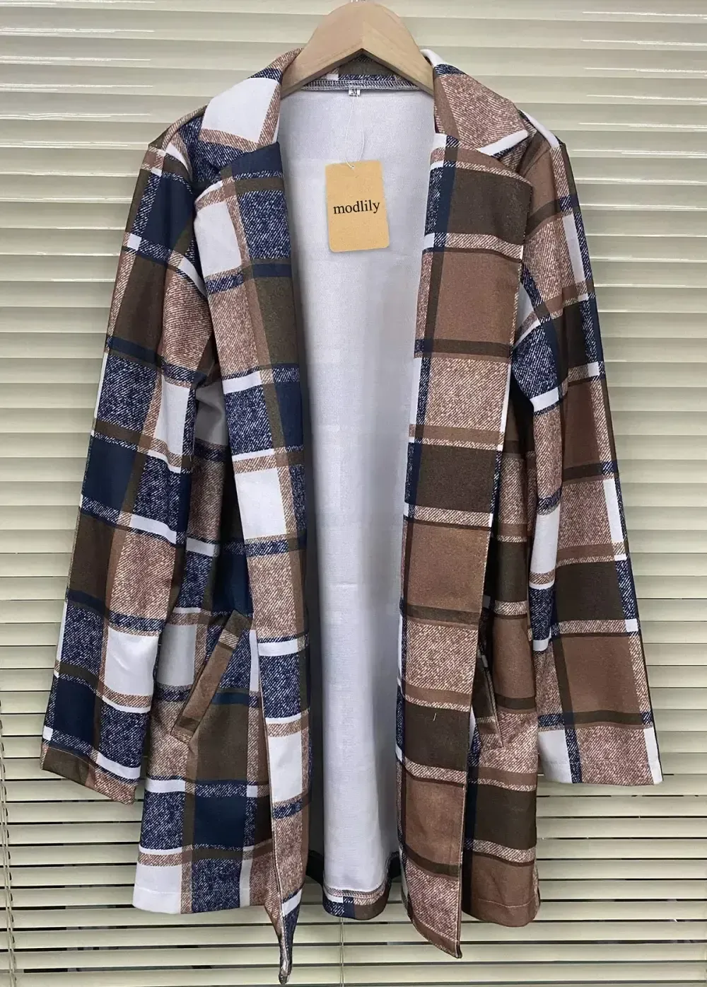 Dark Camel Pocket Plaid Long Sleeve Lapel Coat