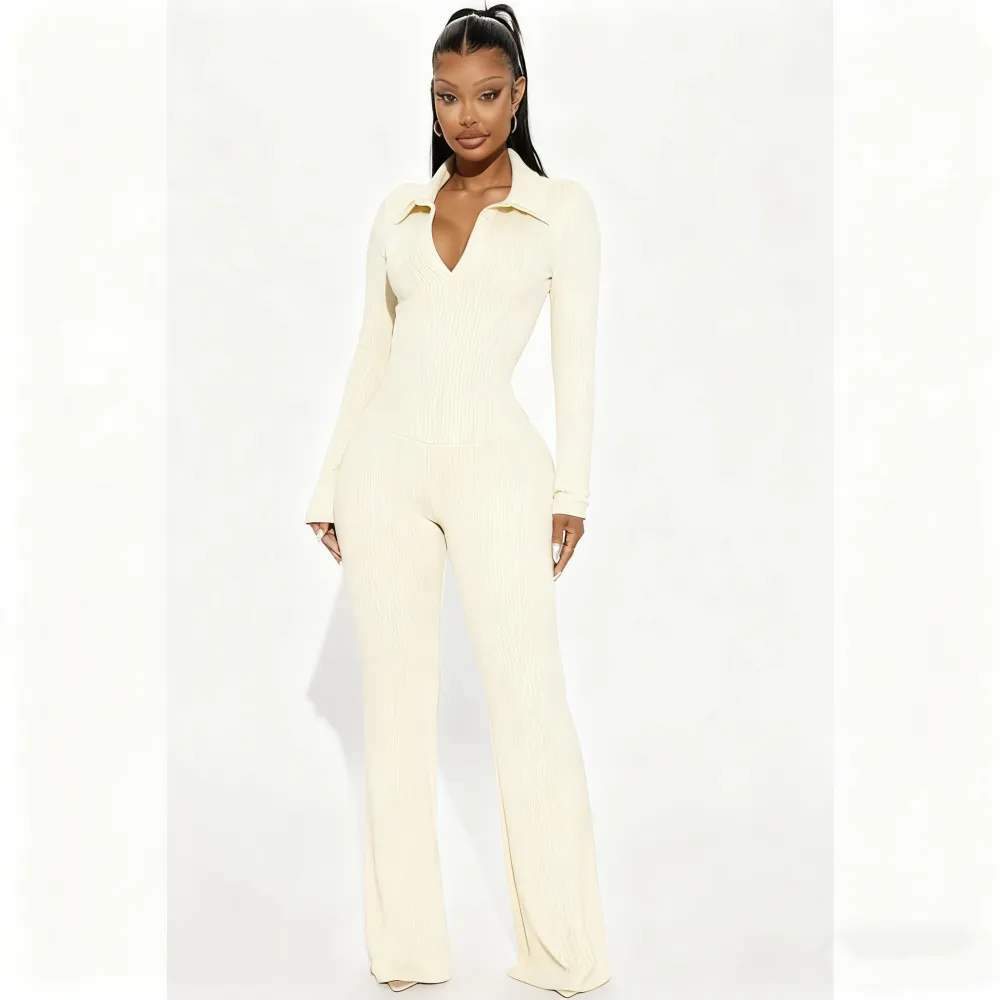 Ribbed Knit Collared Deep V Slim-Fit Set - Fashion Two-Piece with Flared Pants