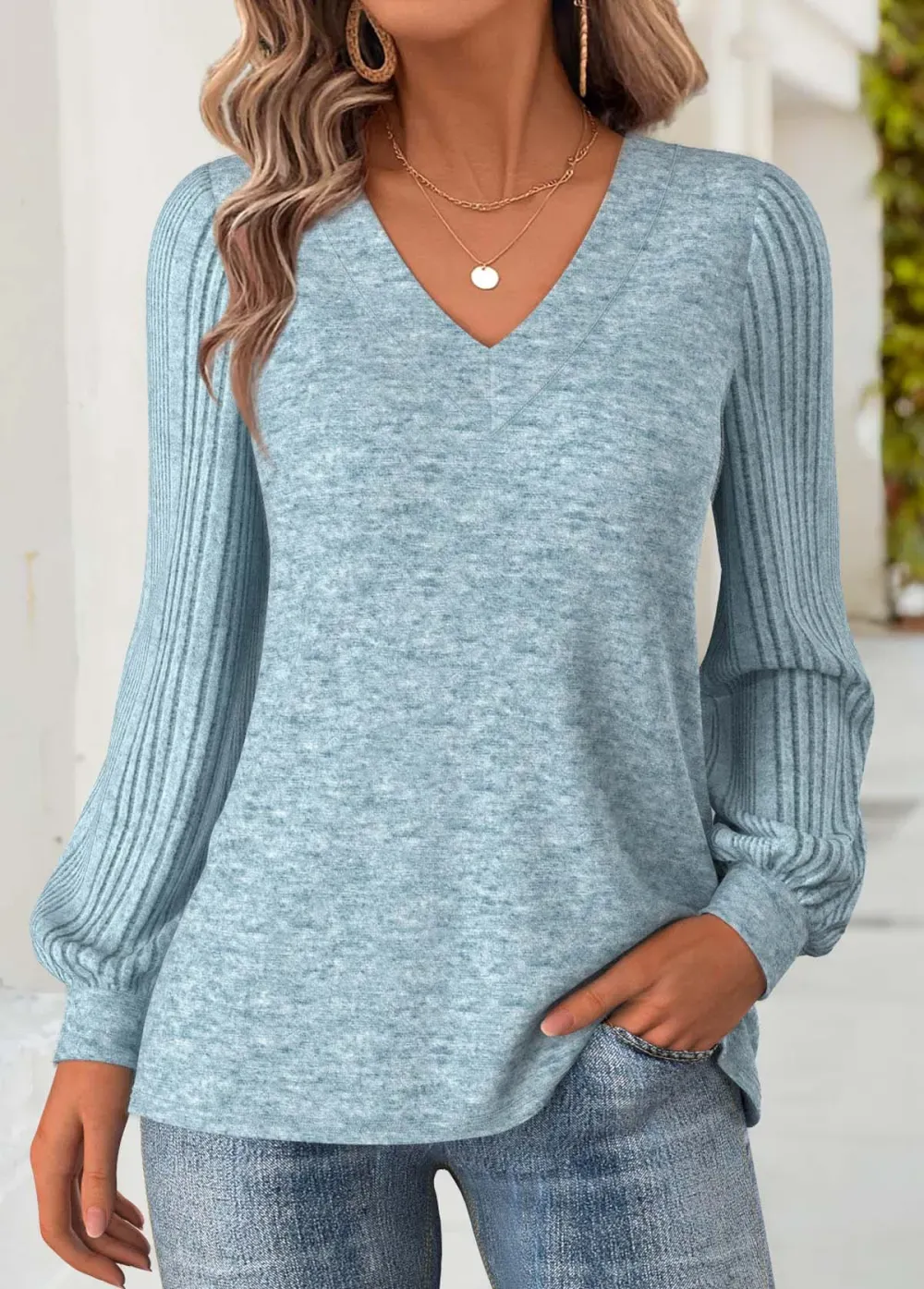 Dusty Blue Tummy Coverage Long Sleeve V Neck Sweatshirt
