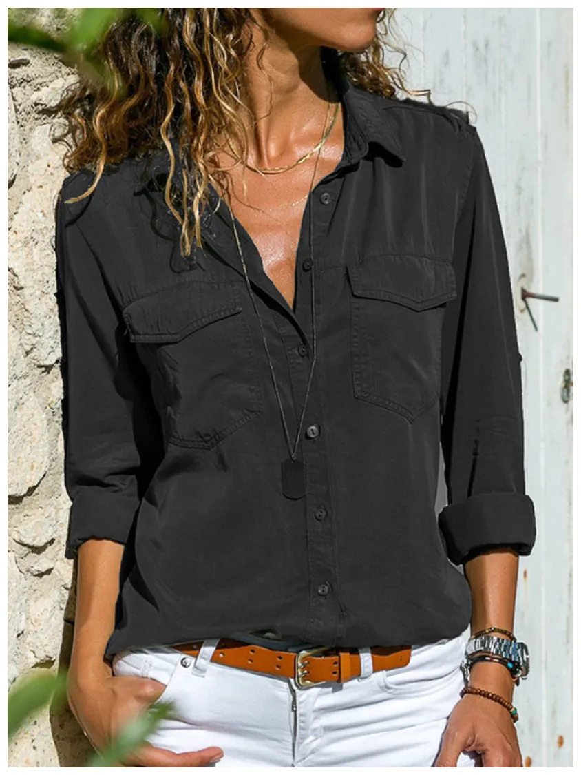 Plain Buttoned Pockets Casual Long Sleeve Shirt