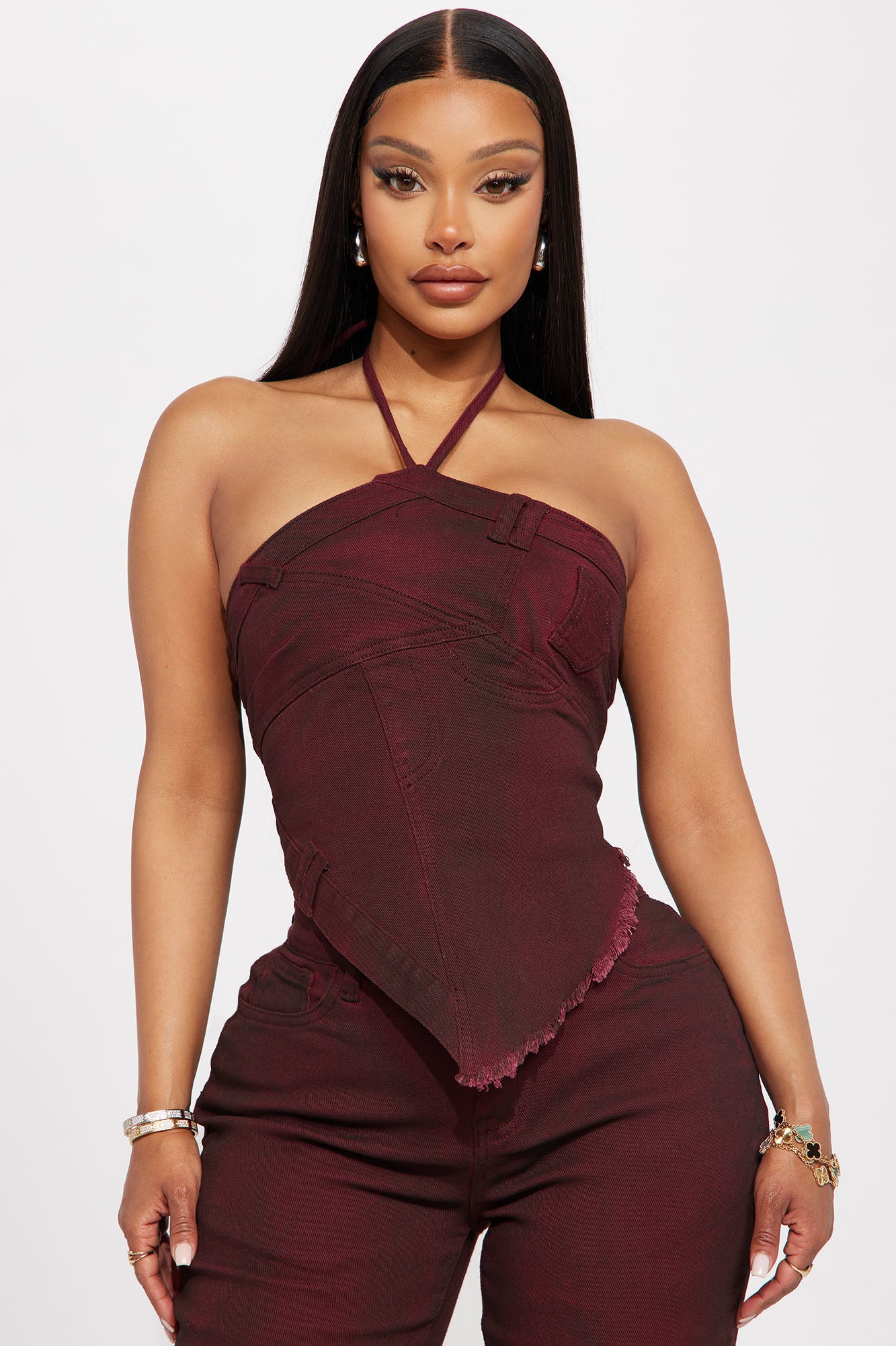 Next Level Washed Denim Pant Set - Wine