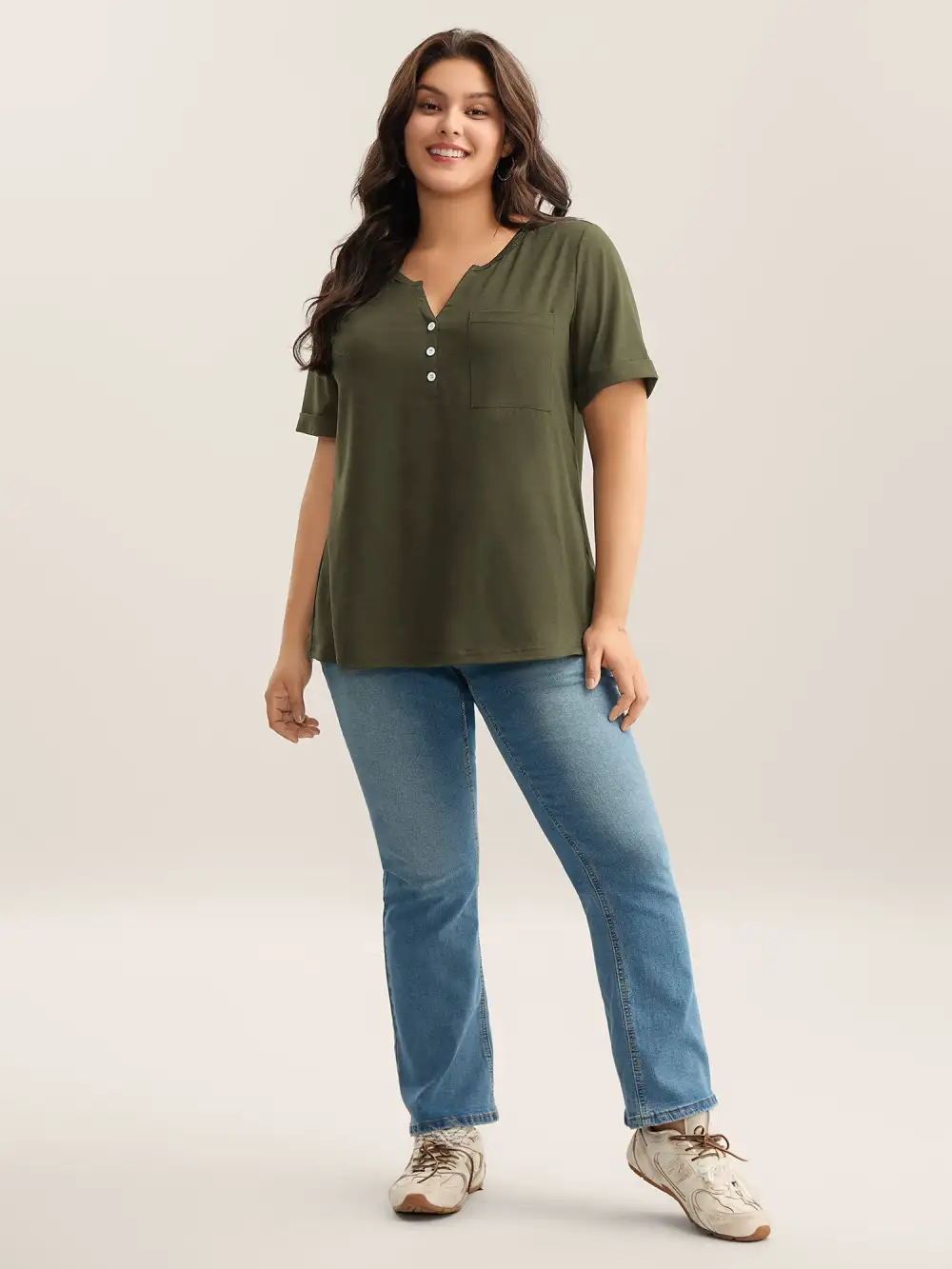 Solid Split Neck Button Detail T-Shirt