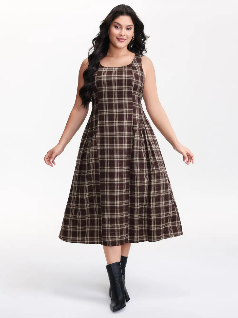 Retro Plaid Drop Waist Tie Midi Dress