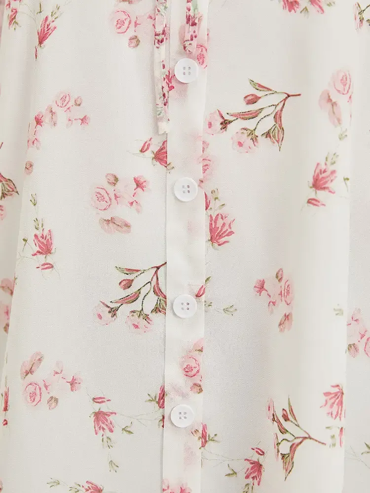 Ditsy Floral Patchwork Frill Trim Tie Neck Blouse