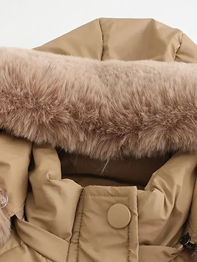 Women's Parka Puffer Jacket Winter Coat Thermal Warm Heated Coat with Removable Fur Collar Drawstring Zip up Hooded Coat Fall Outerwear with Pockets Classic Long Sleeve Light Blue Pink Black