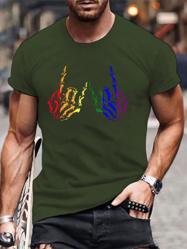 Men'S T-Shirt Skeleton Rock Hand LGBT Q Gay Pride Rainbow Flag Ally T Shirt