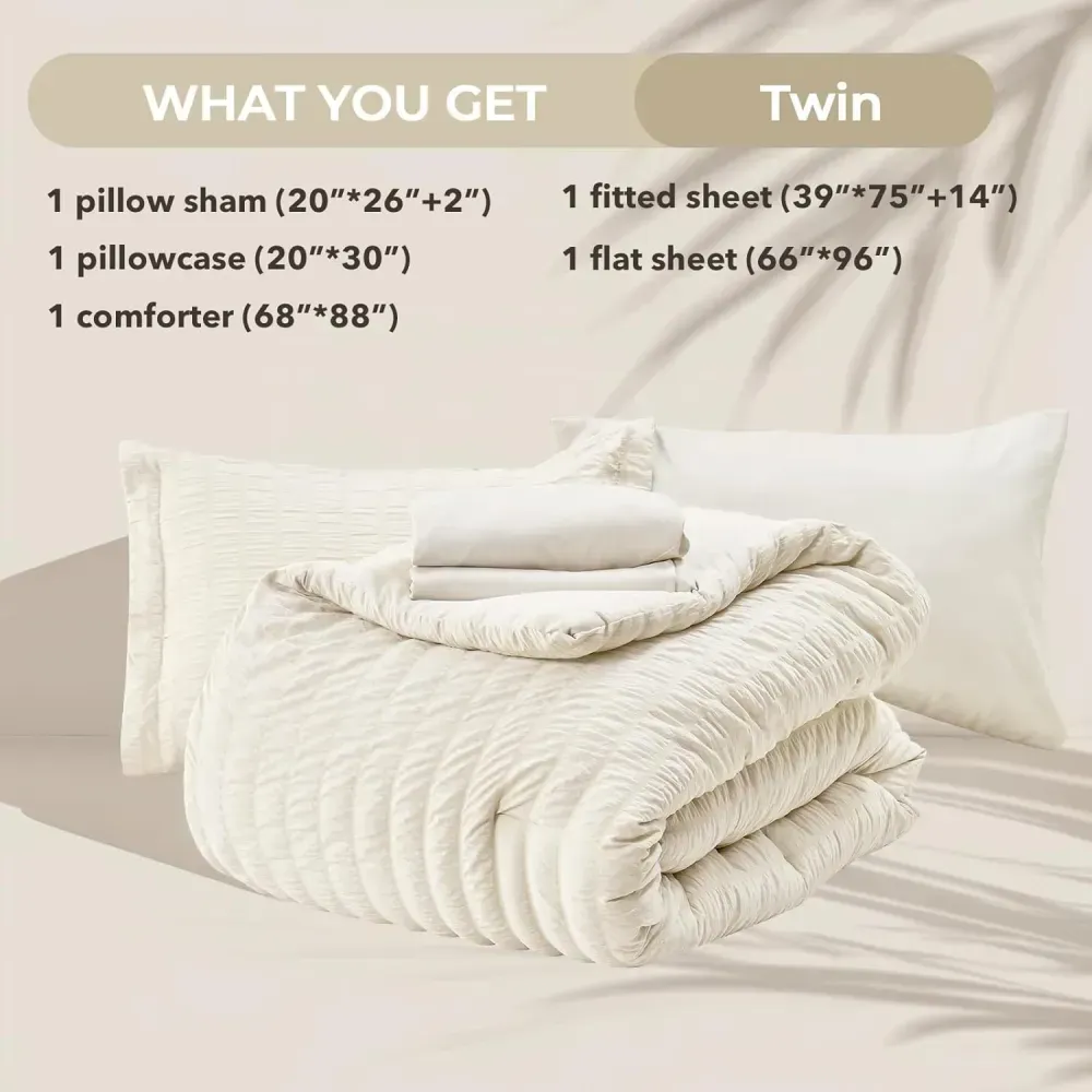 Queen Comforter Set Seersucker 7 Pieces, All Season Luxury Bed in a Bag for Bedroom, Bedding Set with Comforters, Sheets, Pillowcases & Shams, Dark Grey