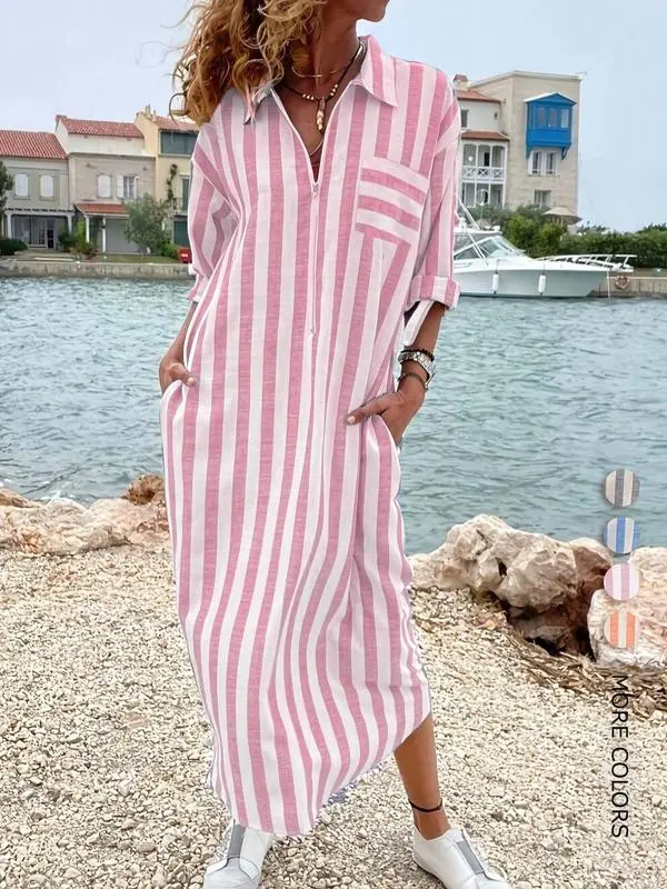 Women's Striped Button-Front Shirt Dress – Elegant Collared Dress for Spring & Fall, Casual & Classy Daily Wear, Perfect for Beach Holidays