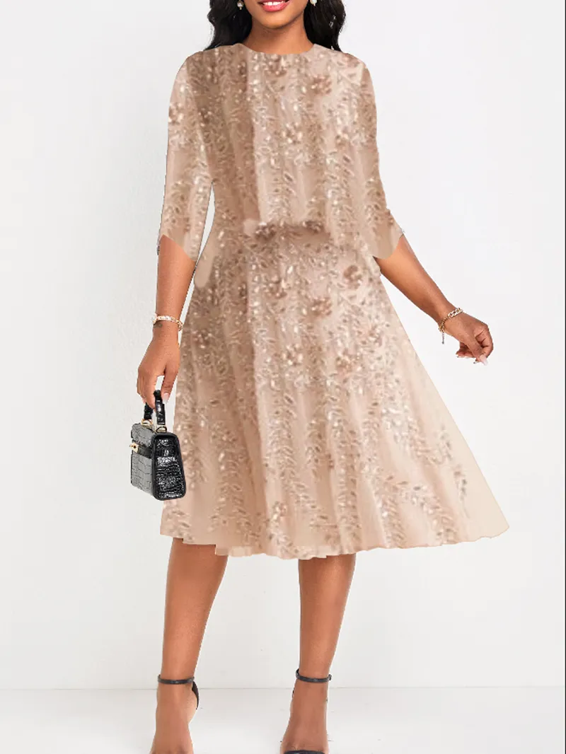 V-neck elegant khaki cocktail dress with waisted loose skirt dress