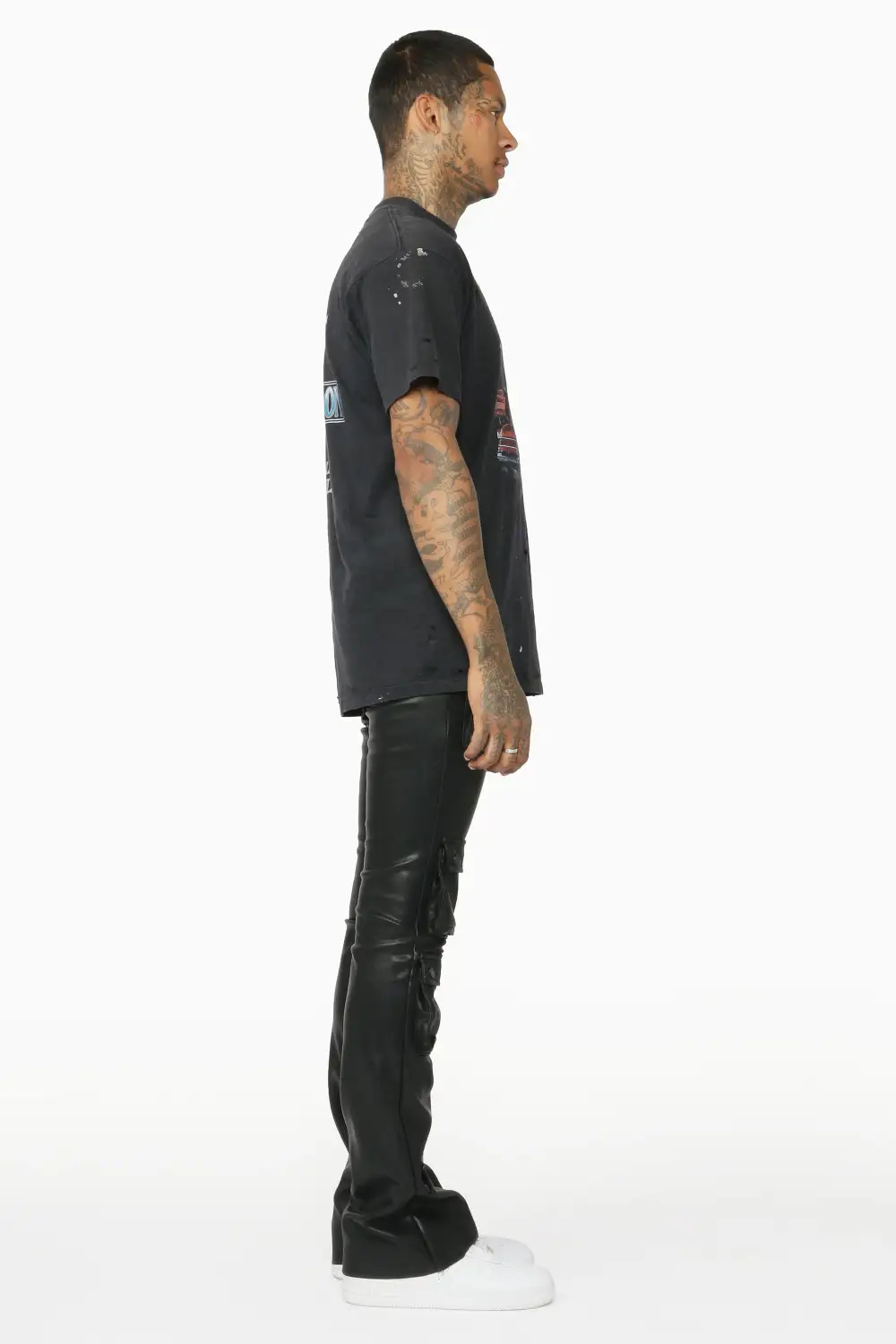 Remi Black Faux Leather Stacked Flare Jean