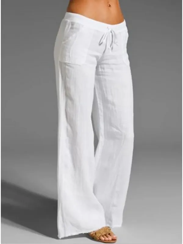 Women's Wide Leg Chinos Cotton Linen Baggy Mid Waist Black Summer