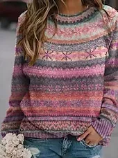 Women's Sweater Fair Isle Sweater Pullover Casual Soft Floral Ribbed Crew Neck Knitted Print Long Sleeve Regular Tops Knit Outdoor Daily Holiday Red Blue Fall Winter