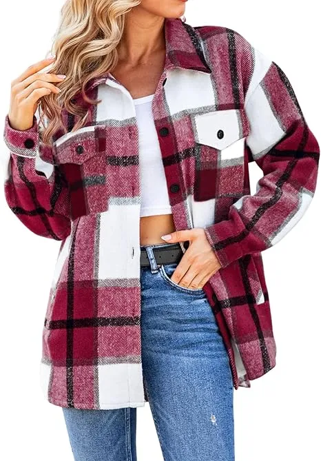 Women's Casual Shacket Jacket Plaid Shirts Flannel Blouses Button-Down Shirts