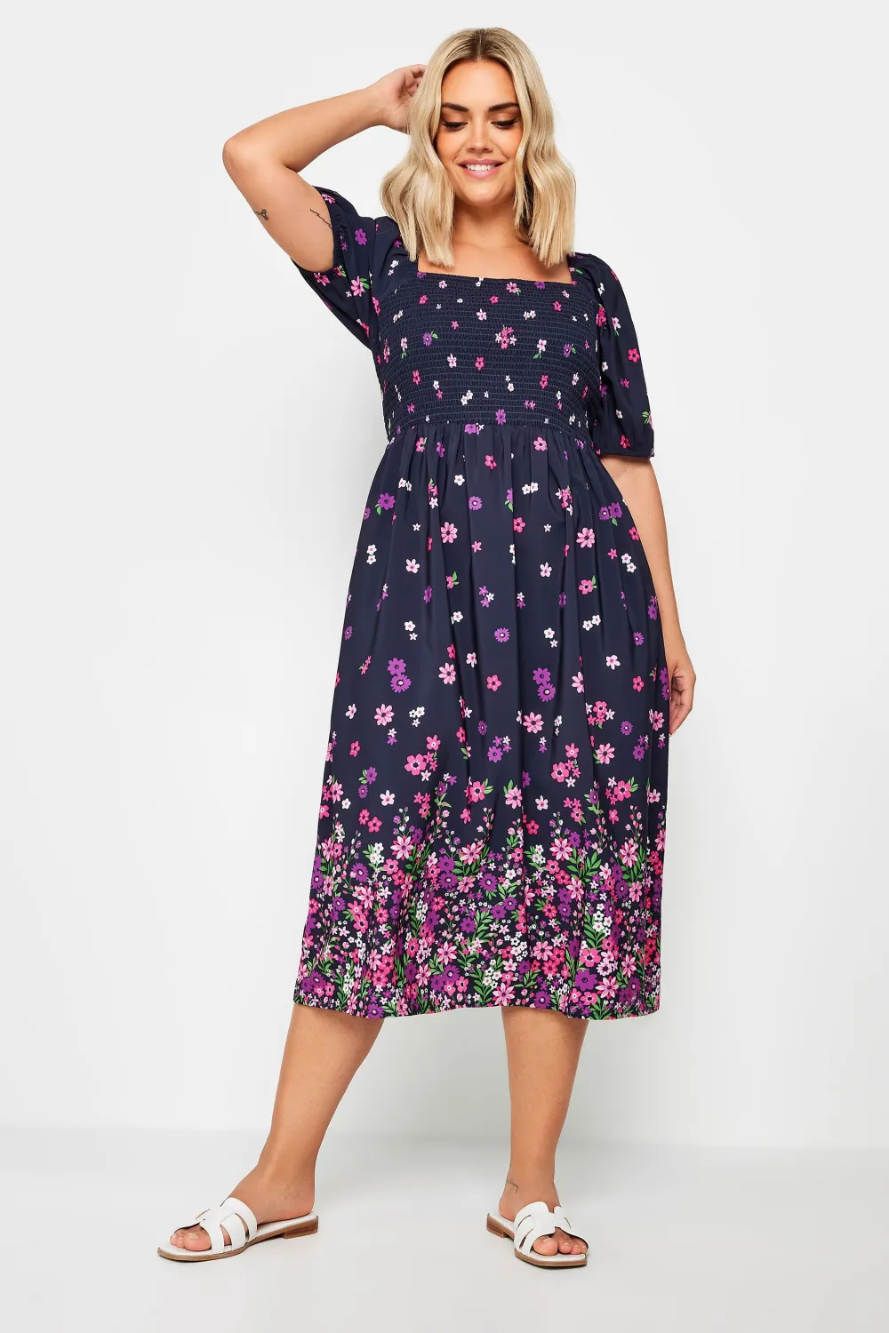 YOURS Curve Black Floral Print Shirred Midi Dress
