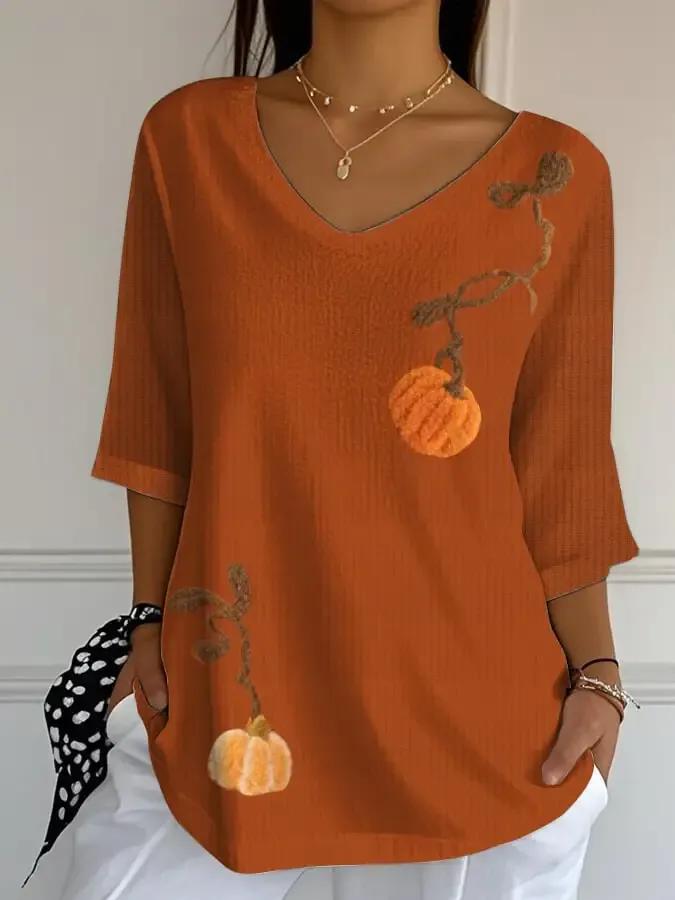 Women's Autumn Pumpkin Graphic Print V-Neck T-Shirt