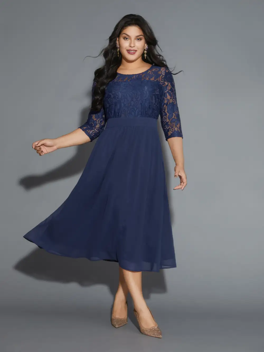 Lace Patchwork Shirred Midi Pocket Dress