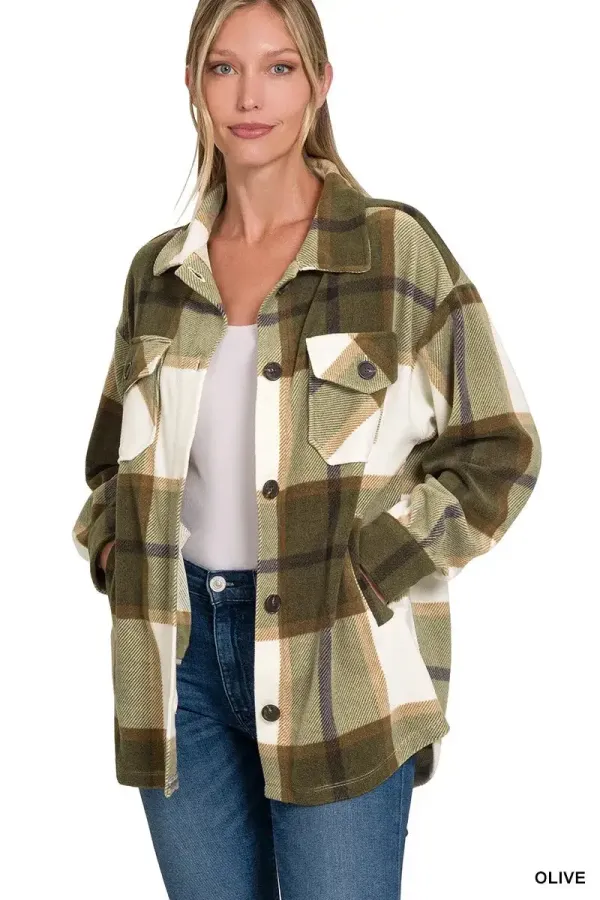 Zenana Oversized Green Plaid Fleece Shacket