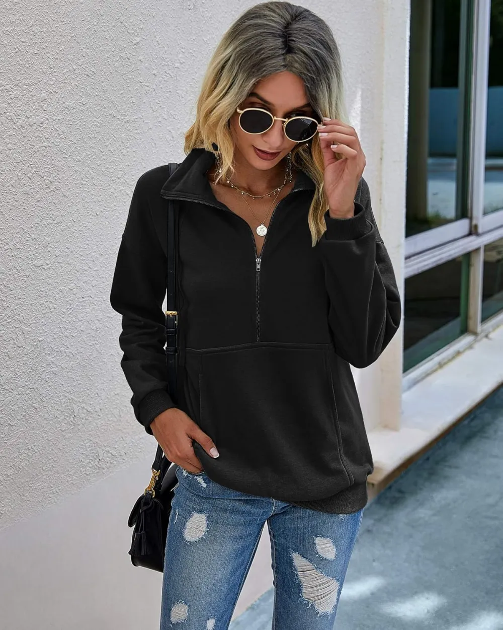 Women's Casual Long Sleeve Lapel Zipper Sweatshirt Drawstring Loose Pullover Tops