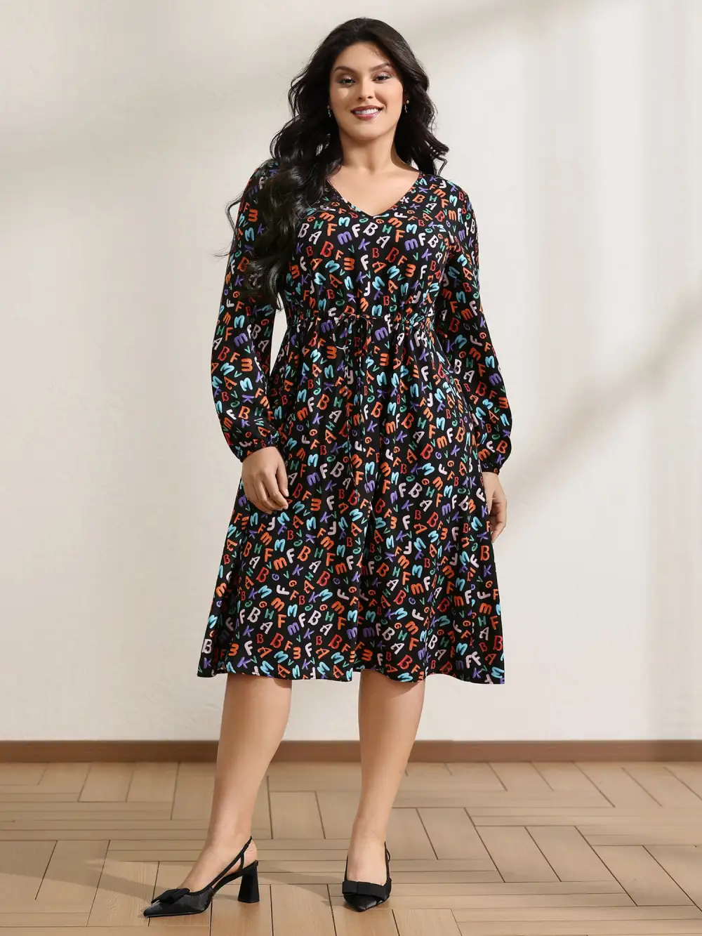 Alphabetical Print Drawstring Adjustable Waist Midi Dress
