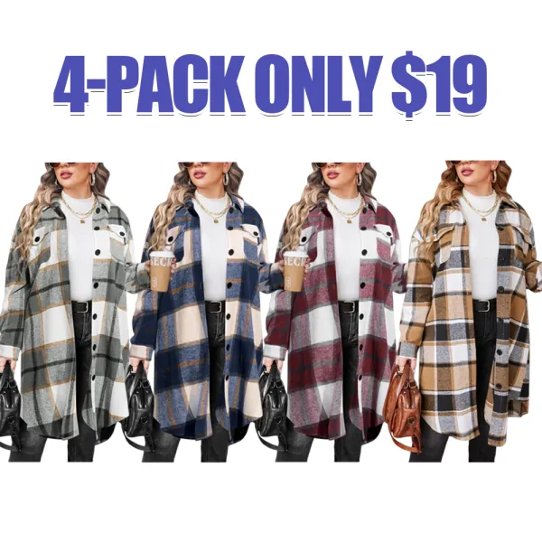 Womens Plus Size Flannel Plaid Shirts Long Sleeve Lounge Lapel Boyfriend Button Down Tartan Long Jacket Coats