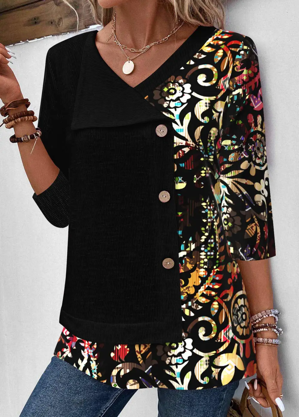 Patchwork Floral Print V Neck T Shirt