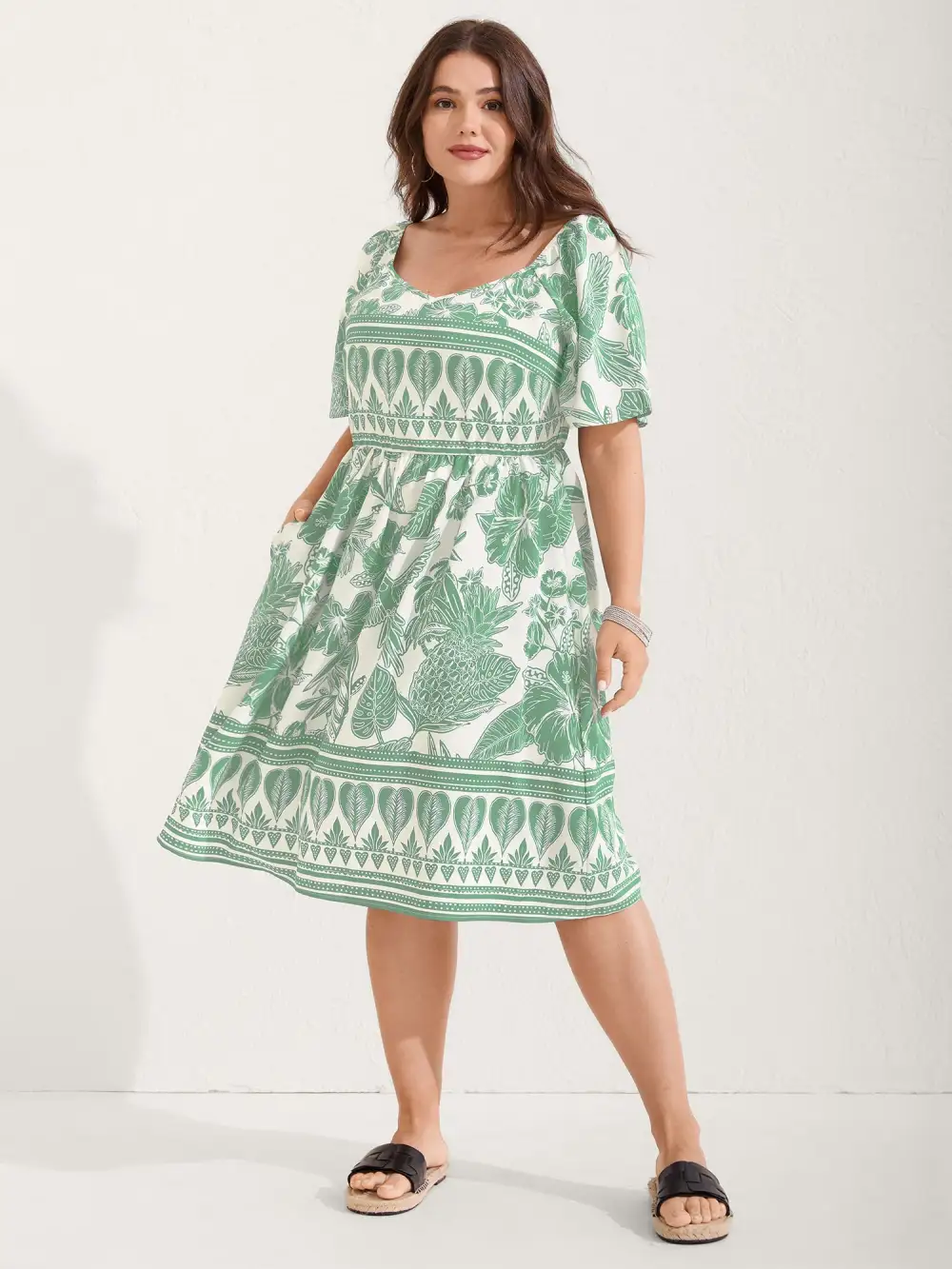 Boho Print Fit Flare Pockets Midi Dress