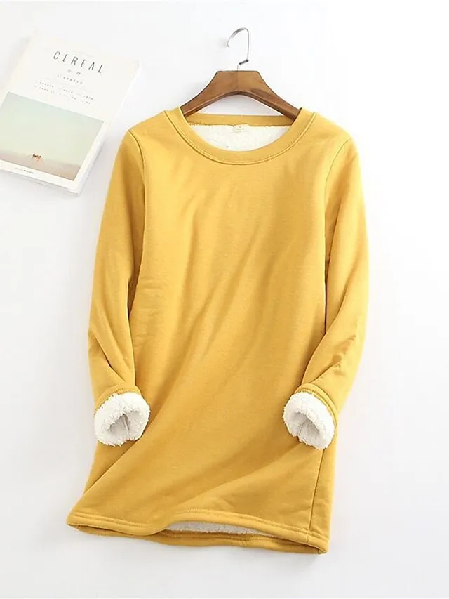 Women's Fleece Lounge Top Pure Color Warm Fashion Casual Home Street Daily Cotton Warm Crew Neck Long Sleeve Pullover Winter Denim Blue Melon red