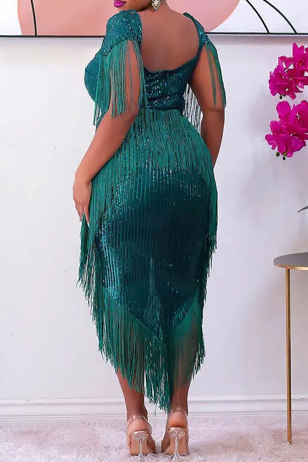 Sequined Luxe Tassel Irregular Midi Dress