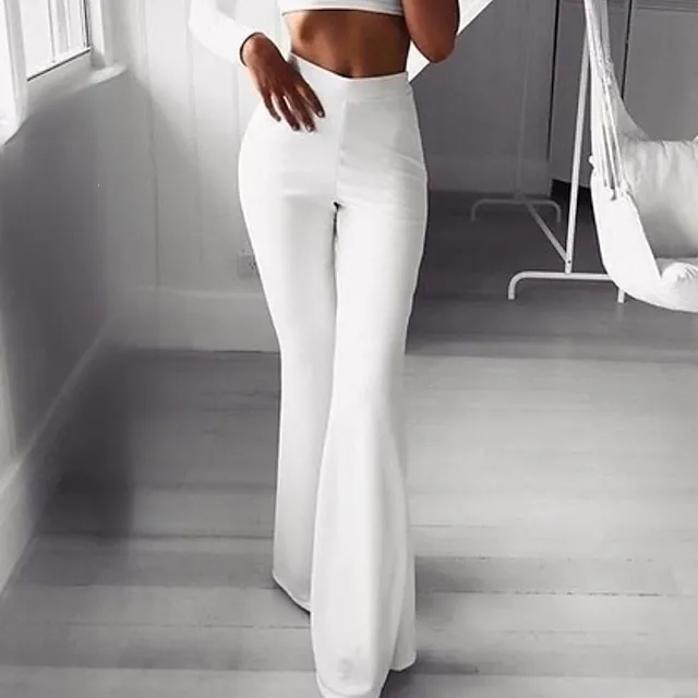 Women‘s Casual / Sporty Athleisure Flare Chinos Bell Bottom Wide Leg Full Length Dress Pants Weekend Yoga Stretchy Plain Comfort Mid Waist Slim White Black Blue Wine Coffee S M L XL