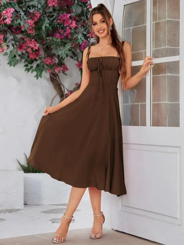 Women's Plain Dress, Lace Up Dress, Party Dress, Tie Front Dress, Elegant Square Neck Midi Dress